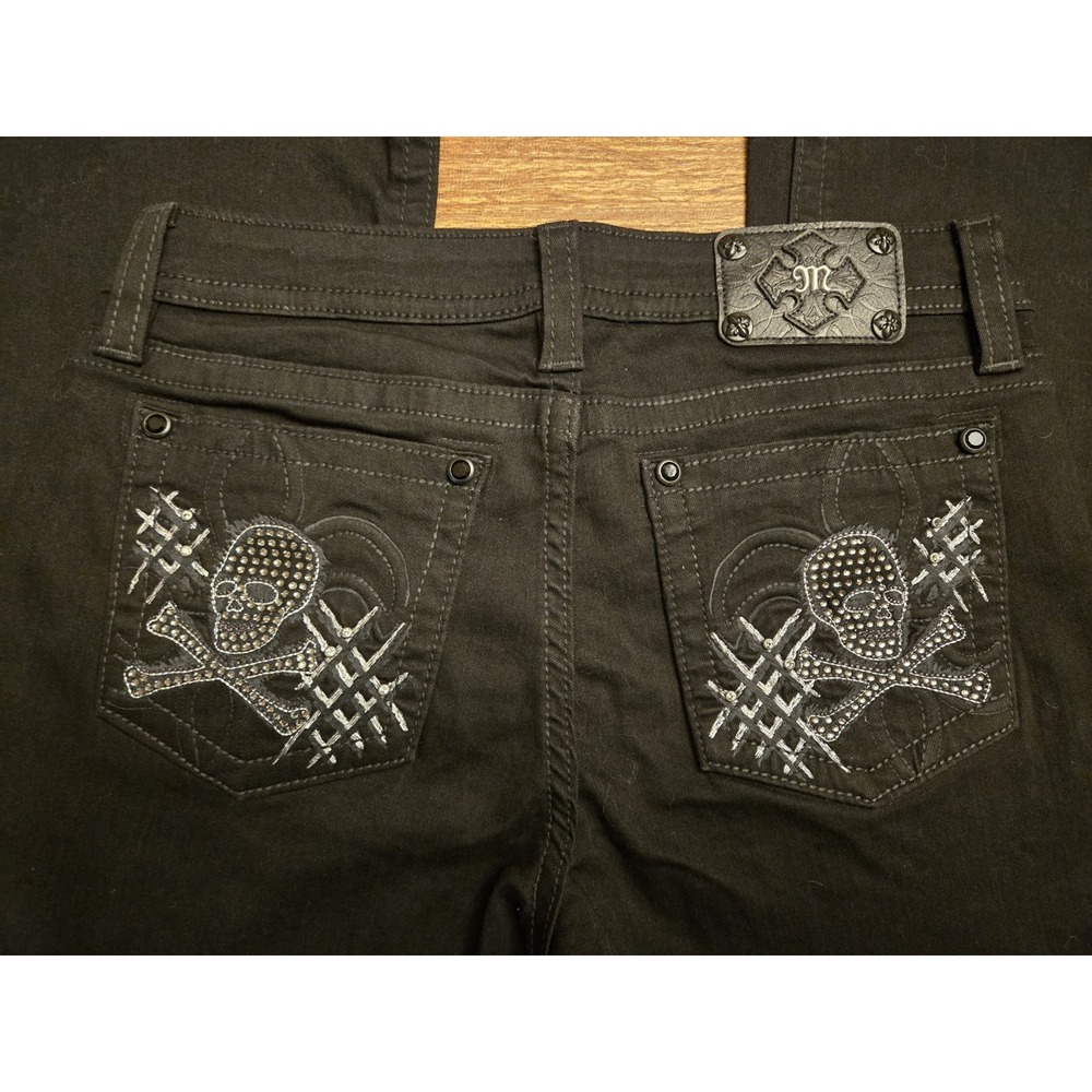 Miss Me Black Boot Cut Jeans Skull Rhinestone Pockets 33x30 Sparkle Mid Rise